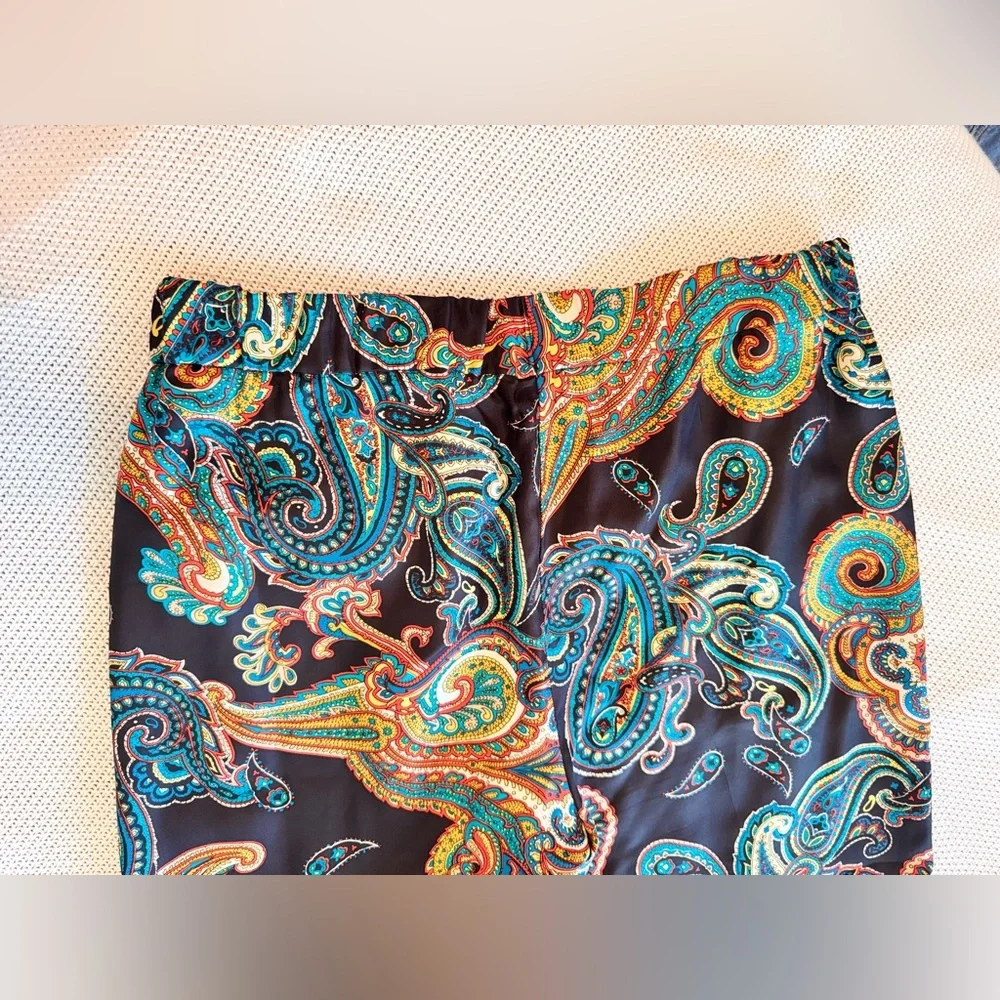 J. CREW 100% Silk Pull-On Pants Black Gold Blue Red Paisley w Pockets